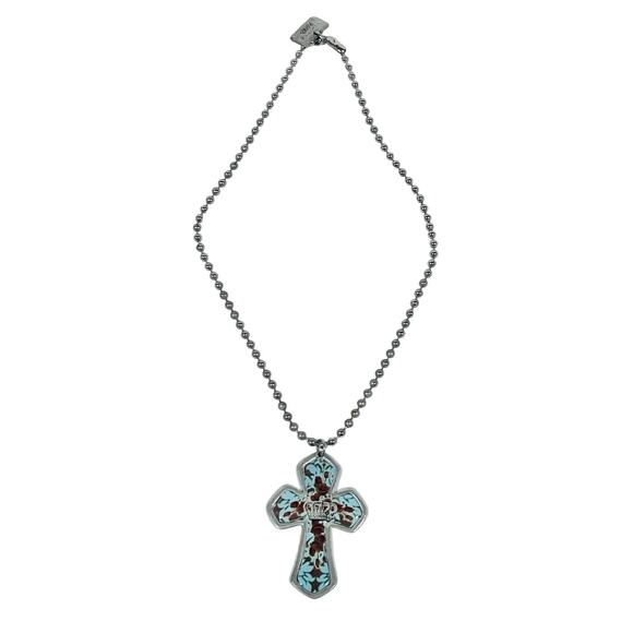 Vintage Turquoise Decor Cross Charm Necklace Ball Chain 9" - Picture 1 of 6
